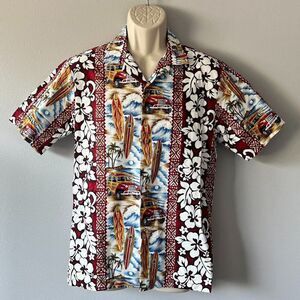 Jade Fashions Vintage Hawaiian Surf/Woody/Hibiscus Button Shirt Size S